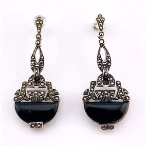 Black Onyx Sterling Silver Marcasite Long Drop Earrings Vintage Art Deco Style